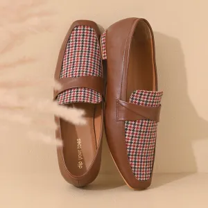 Oak Houndstooth Square Toe Loafers Shoes