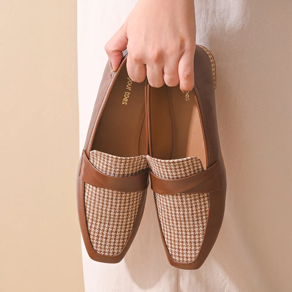 Tan Houndstooth Square Toe Loafers Shoes