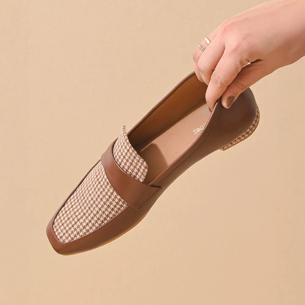 Tan Houndstooth Square Toe Loafers Shoes