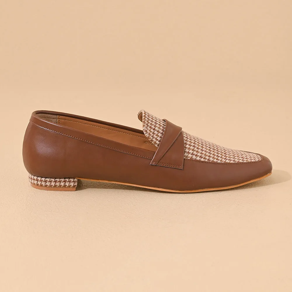 Tan Houndstooth Square Toe Loafers Shoes