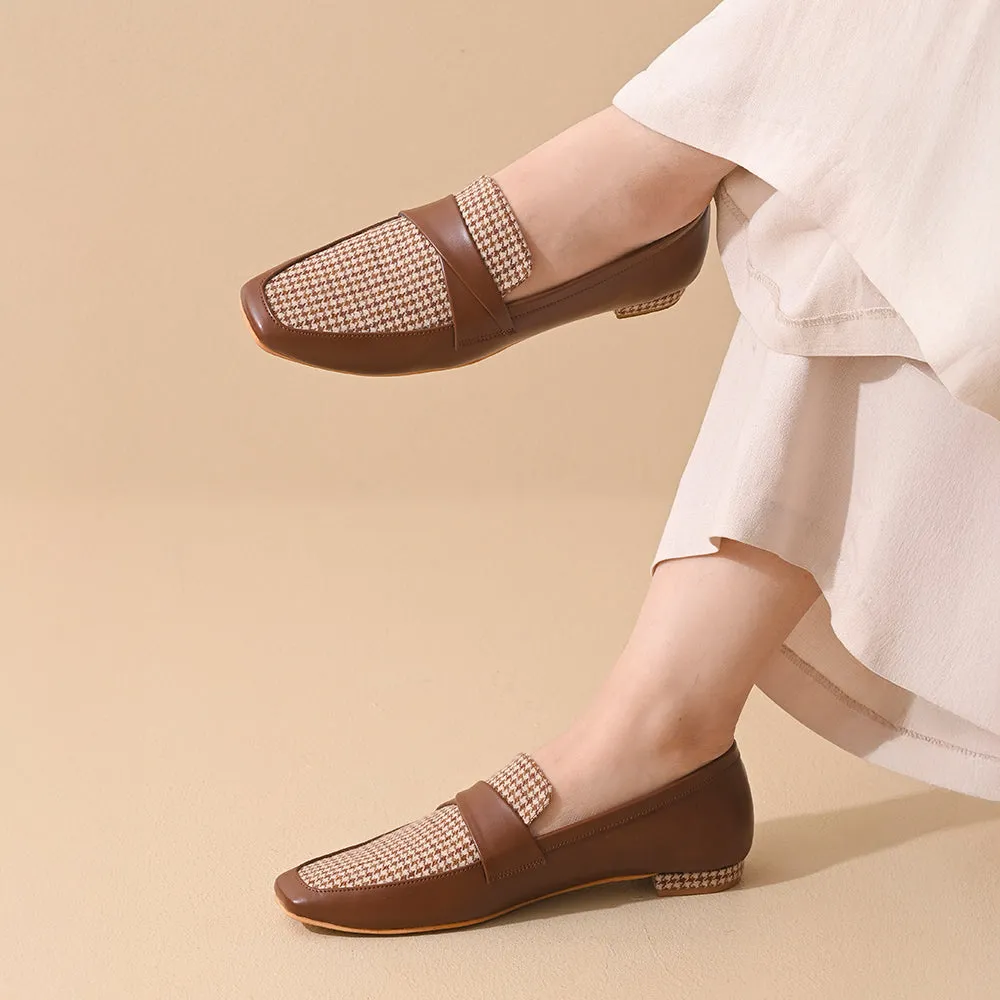 Tan Houndstooth Square Toe Loafers Shoes