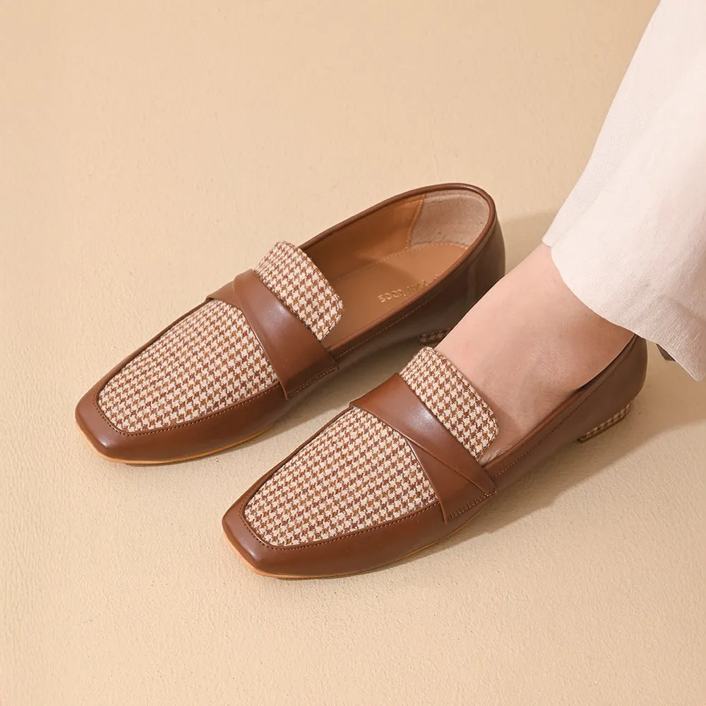Tan Houndstooth Square Toe Loafers Shoes