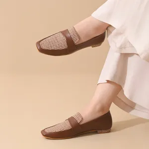 Tan Houndstooth Square Toe Loafers Shoes