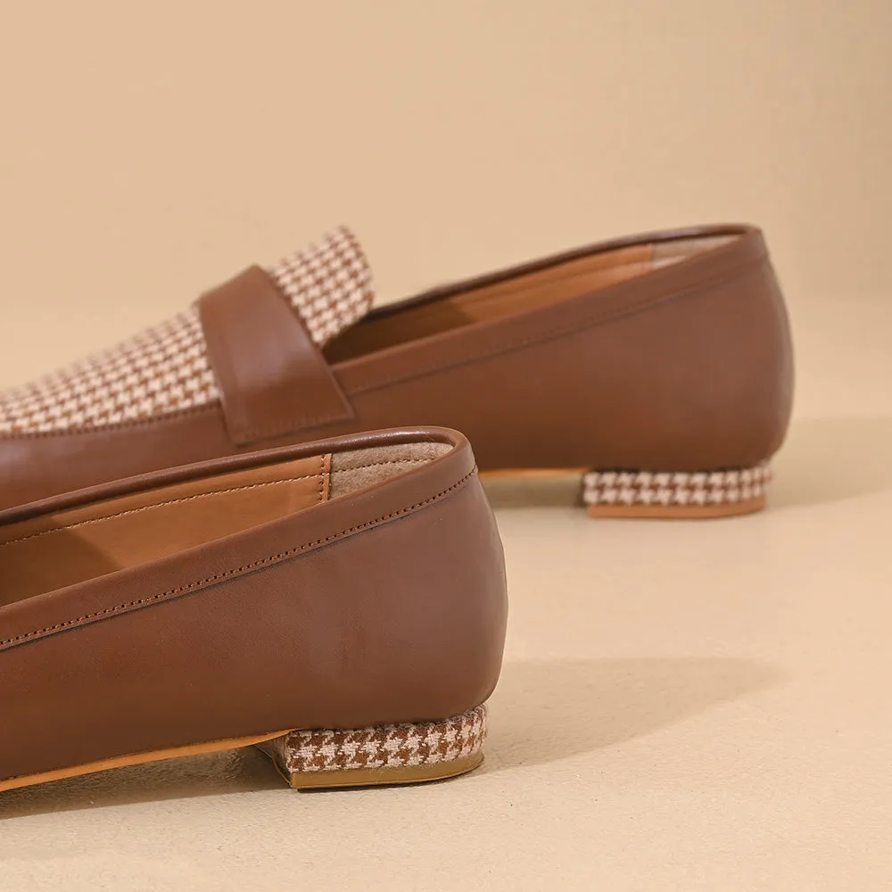 Tan Houndstooth Square Toe Loafers Shoes