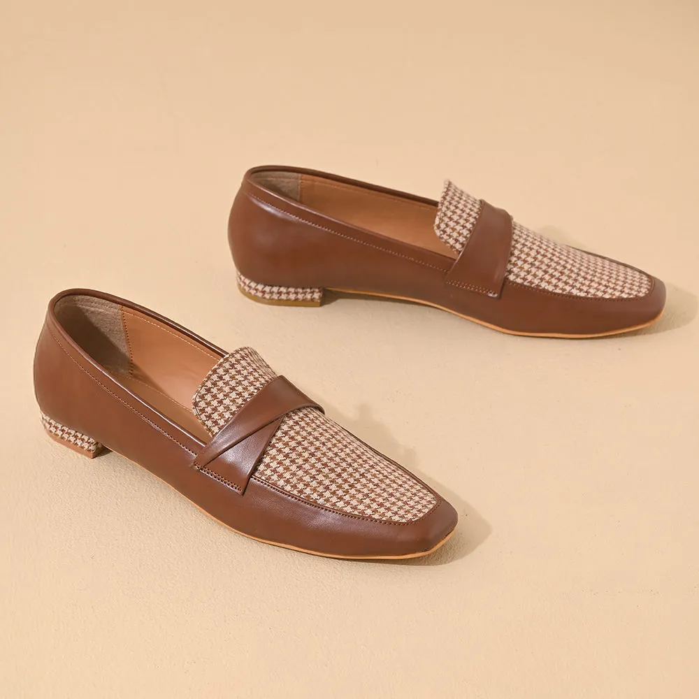 Tan Houndstooth Square Toe Loafers Shoes
