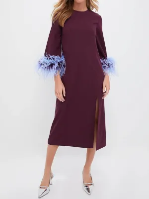 Three-quarter Length Sleeves Feather Cuffs Side Slit Dress