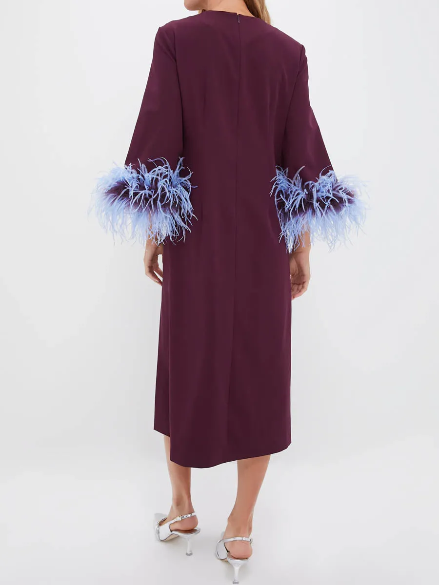 Three-quarter Length Sleeves Feather Cuffs Side Slit Dress