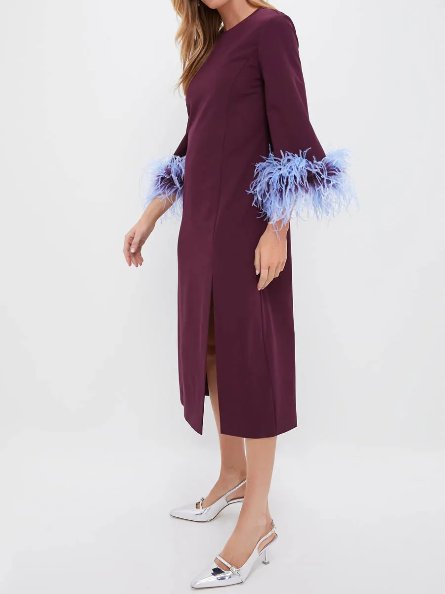 Three-quarter Length Sleeves Feather Cuffs Side Slit Dress