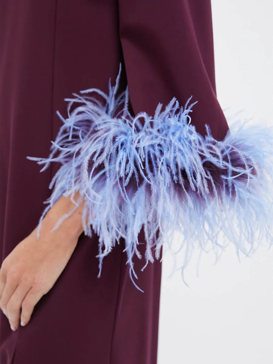 Three-quarter Length Sleeves Feather Cuffs Side Slit Dress