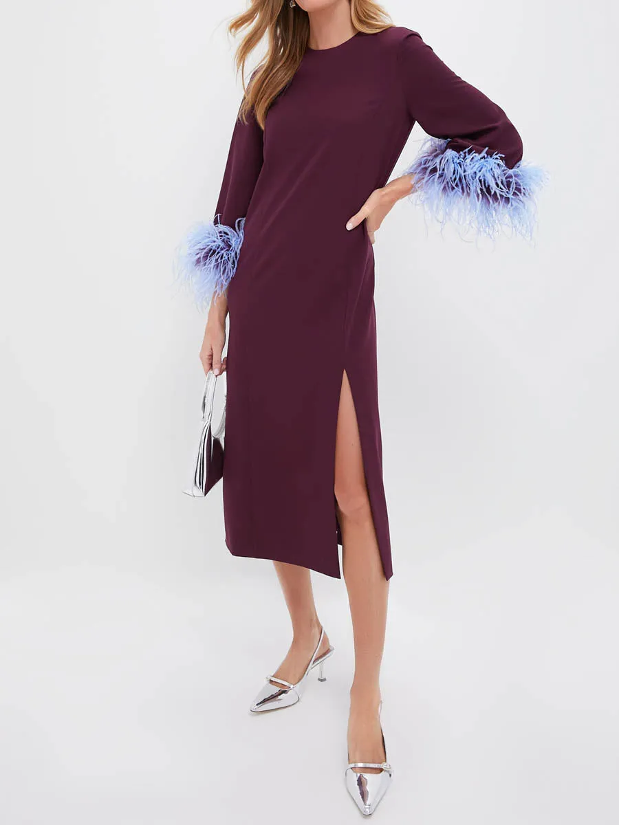 Three-quarter Length Sleeves Feather Cuffs Side Slit Dress