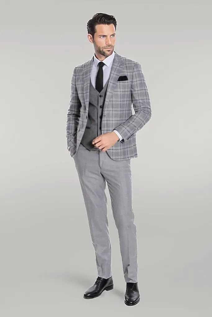 WSS Slim Fit Checked Grey Men Suit  - Singen