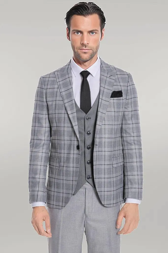 WSS Slim Fit Checked Grey Men Suit  - Singen
