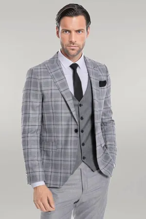 WSS Slim Fit Checked Grey Men Suit  - Singen