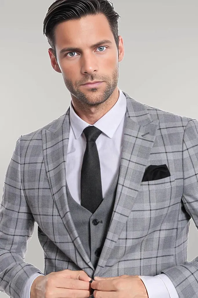 WSS Slim Fit Checked Grey Men Suit  - Singen