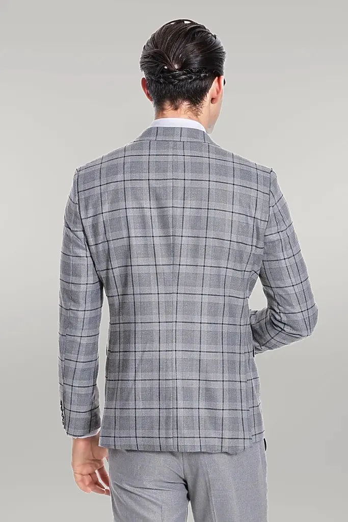 WSS Slim Fit Checked Grey Men Suit  - Singen