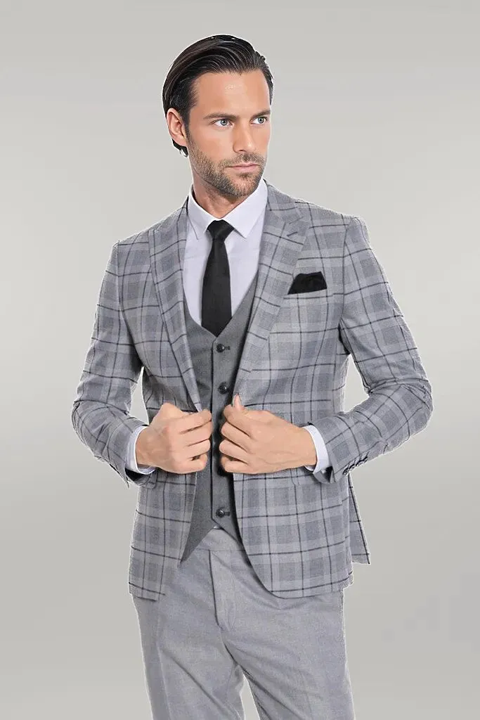 WSS Slim Fit Checked Grey Men Suit  - Singen