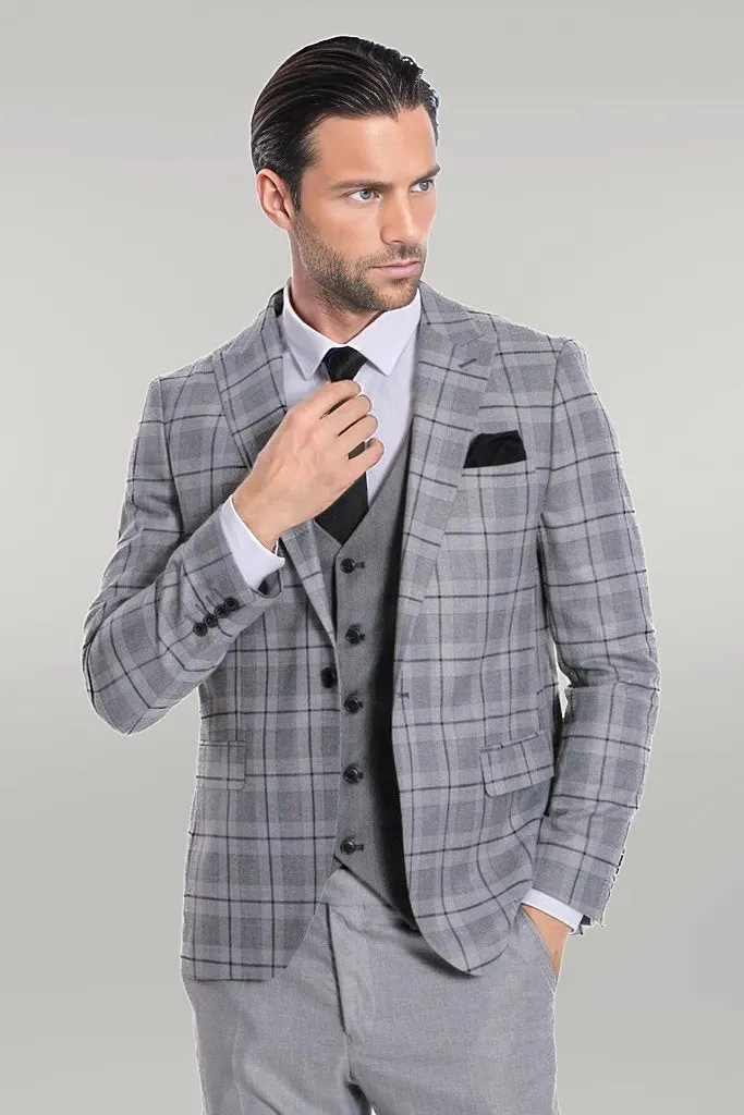 WSS Slim Fit Checked Grey Men Suit  - Singen